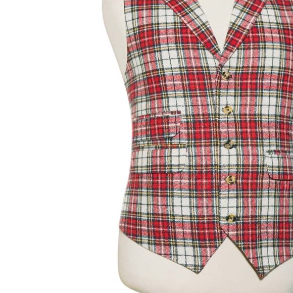Mens 46R Wool Vest Red White Blue Tartan Plaid Waistcoat Christmas Party Formal - Picture 6 of 8